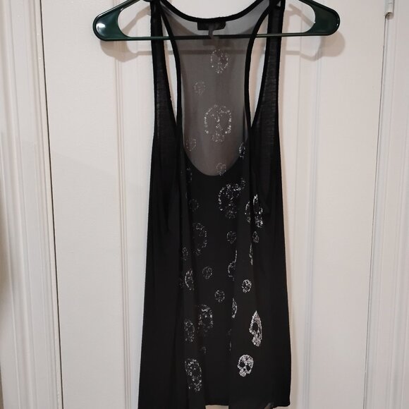 Black Racerback Tank Top Floral Skull Graphic Sheer Back Sleeveless - Picture 3 of 10